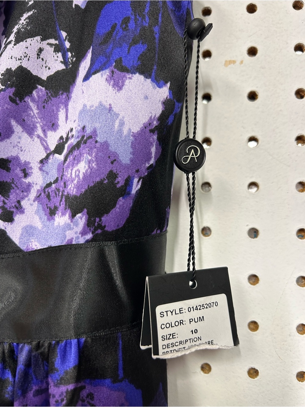 Adrianna Papell Satin Knee Length Black Dress with Purple Floral Print - Picture 3 of 5